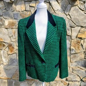 Bert Newman Wool Green Plaid Blazer Jacket Velvet Collar Size 16 Vintage